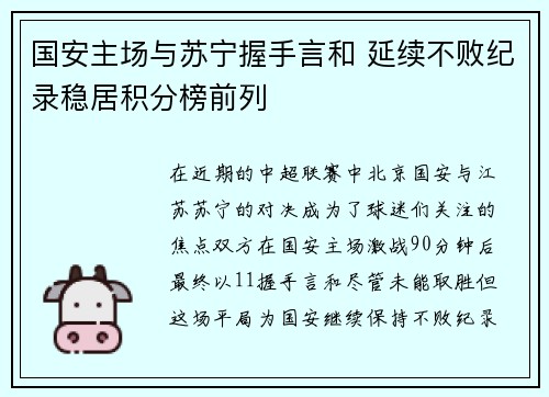 国安主场与苏宁握手言和 延续不败纪录稳居积分榜前列